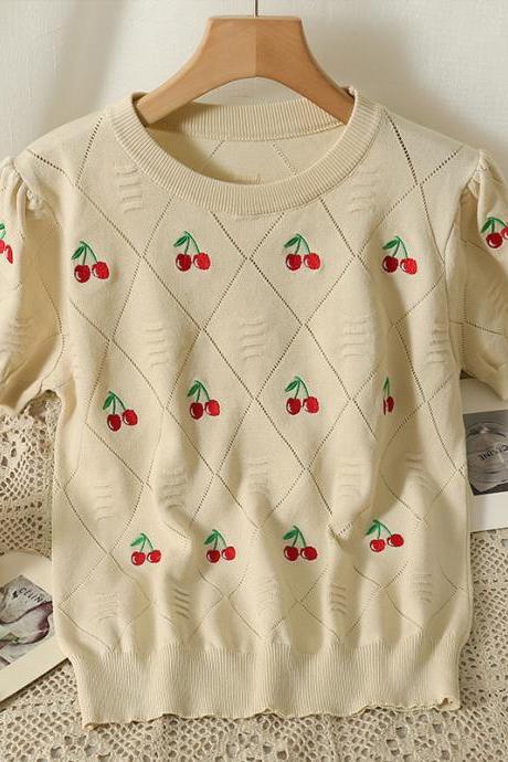 Women Sweet Flower Short Sleeve Cherry Embroidery Knitted Sweater Summer Korean Fashion Y2k Casual Pullover Ladies Knitwear