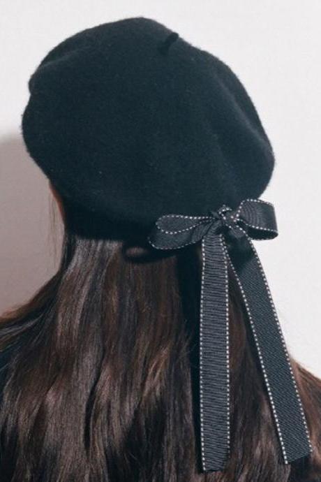 Fashion Beret Caps For Women Soft Bow Elegant French Artist Warm Wool Winter Beanie Hat Headwear