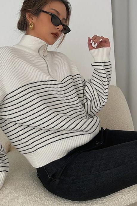 Cool Stripe Stand Collar Zipper Long Sleeve Knit Top Sweater Pullover