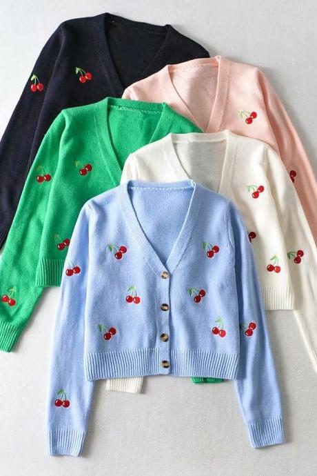 Women Fall Spring Vintage Cherries Sweet Jackets Cardigans Womens V-neck Long Sleeve Cropped Knitting Coat Embroidery Knitwear