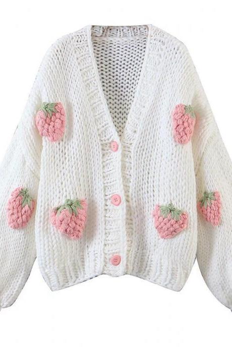 Autumn Winter Women&amp;#039;s Hand-crocheted Strawberry Knitted Cardigan Loose Sweater Coat