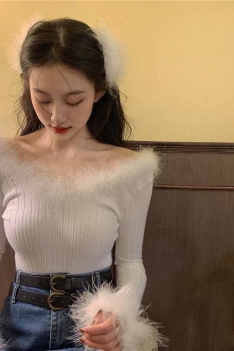 Sexy Korean Chic White Slash Neck Knitted Top Slim Gentle Elegant Temperament Black Pullovers Sweaters&amp;amp;jumpers Fashion Pull