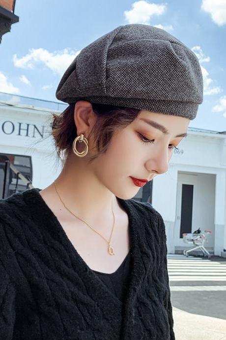 Women Wool Beret For Elegant Lady Winter Female Cotton Hats Plaid Vintage Octagonal Casual Boina Autumn Girl Cap