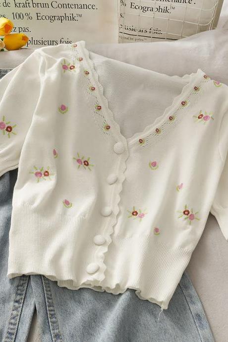 Woman Tshirts Embroidered Flower Knitted Cardigan T-shirt Women&amp;#039;s V-neck Short Top Crop Top