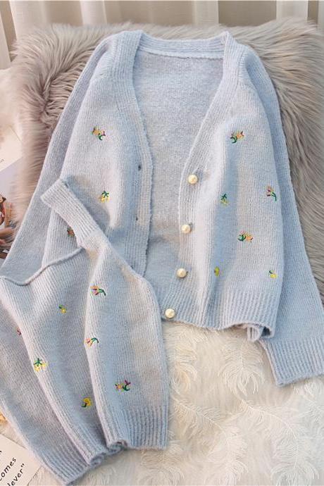 Japanese Sweet Flower Embroidery Cardigans And Tank Top 2 Pcs Sets Korean Cute Long Sleeve Knit Cardigan Vintage Elegant Sweater