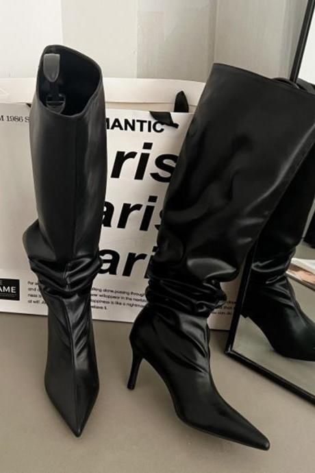 Black Women Over The Knee Boots Footwear Fashion Pointed Toe Slip On Shoes Pleated Thin Heels Ladies Western Long Boots
