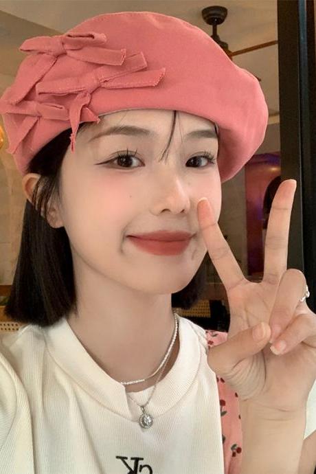 Spring Summer Korean Women Pink Bow Beret Cap Cotton Soft Painter Hat Japanese Big Head Circumference Hat Tide