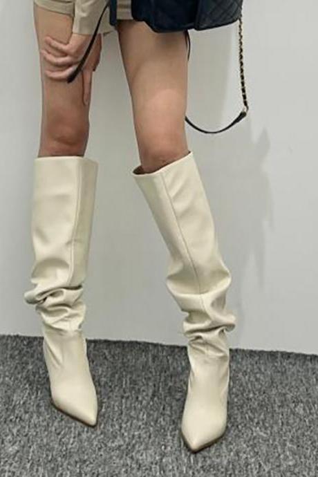 2023 Women Knee-high Boots Elegant Female Pointed Toe Thin Heel Long Boots Fashion Slip On High Heels Autumn Winter Shoes