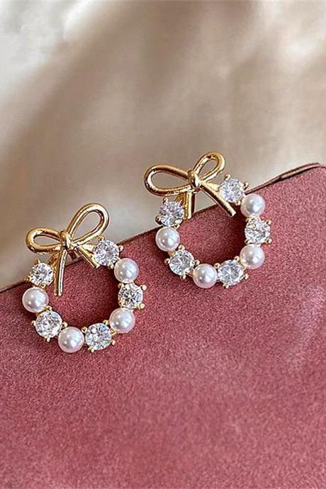 Chic Circle Bow Design Stud Earrings For Women Temperament Gold Color Ear Accessories Korean Fashion Jewelry Drop Ship