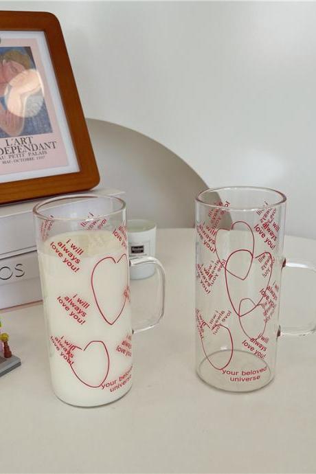 350ml Creative Glass Mug Breakfast Milk Coffee Water Cup With Handgrip Love Heart Letter Pattern Kawaii Drinkwares Korea
