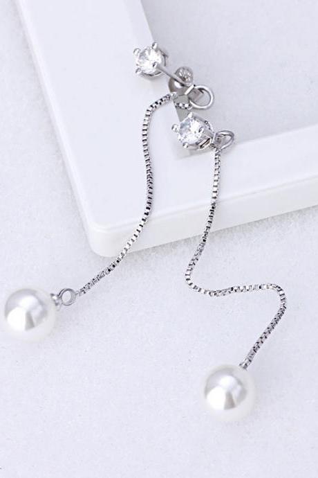 S925 Silver Earring Cz Box Chain Tassel &amp;amp; Pearl Drop Earring For Women Wedding Gift Lady Girl Fashion Jewelry