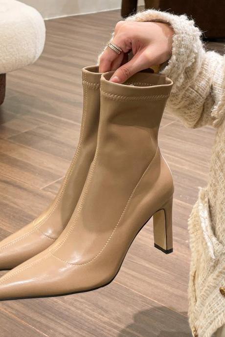 High Heel Boots Women's Korean Style Autumn And Winter Mid Heel Stretch Thin Boots Pointed Toe Sock Boots Women