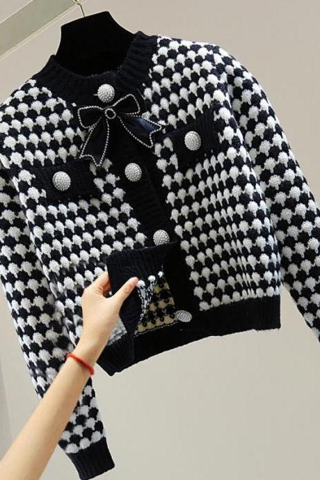 Korean Women Short Cardigans Sweaters Streetwear Fashion Knitted Clothing Spring Autumn Long Sleeve Bow Diamonds Casual Coats