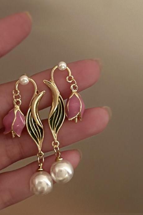 Romantic Tulip Summer French Vintage Oil Dropping Flower Pearl Earrings Light Luxury And High Sense Small And Style