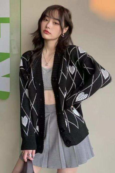 Women Knitted Cardigan Argyle Heart Pattern Jacquard Sweater Long Sleeve Love Style Coat Fall Winter Vintage Korean Tops