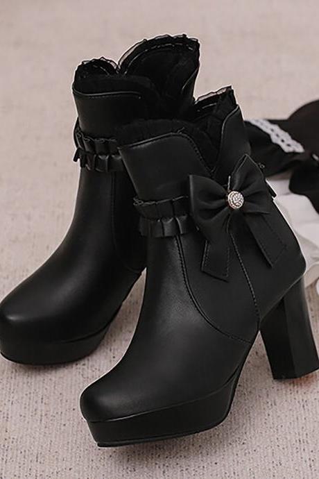 Autumn/winter Bow Short Boots Women's Korean Edition Academy Style Shoes Thick Heel Tassel Short Boots