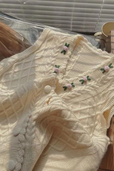 Vintage Sweet Sweater Vests Women Floral Knitted Cardigan Waistcoat Harajuku Preppy Korean Sleeveless V Neck Knitwear Tank Tops