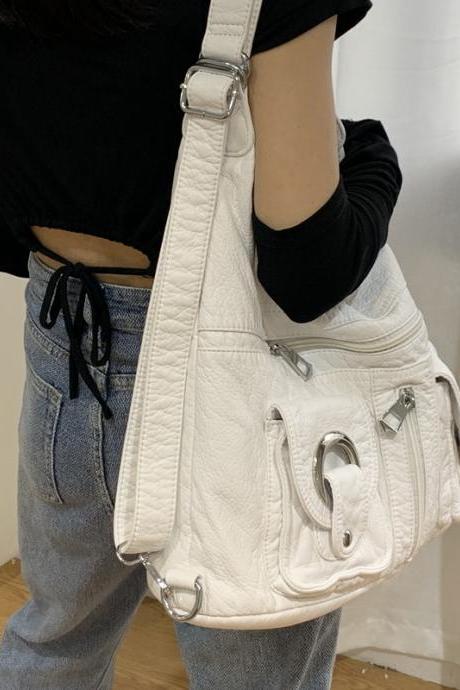 Y2k Women Vintage Korean White Hobo Hand Bag Aesthetic Grunge Pu Purse Handbags Shoulder Crossbody Backpacks Messenger Tote Bags