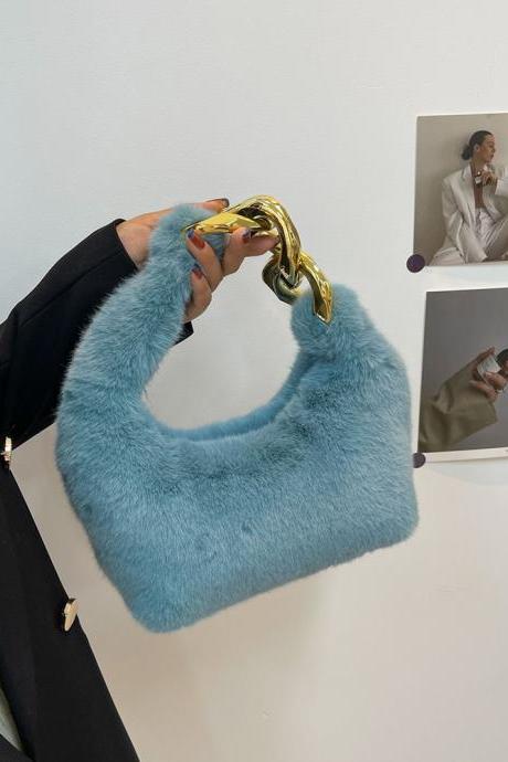 Korean Women Winter Soft Fluffy Fur Small Handbag Plush Chain Top Handle Bag Designer Purses Hobo Furry Luxury Tote Bag