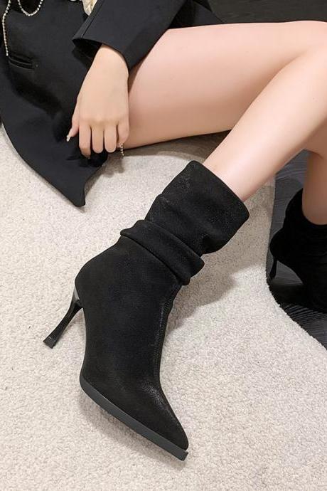 Pleated Slip-on Women's Ankle Boots Sexy Stiletto High-heeled Women's Short Boots Autumn And Winter Pointed Shoes
