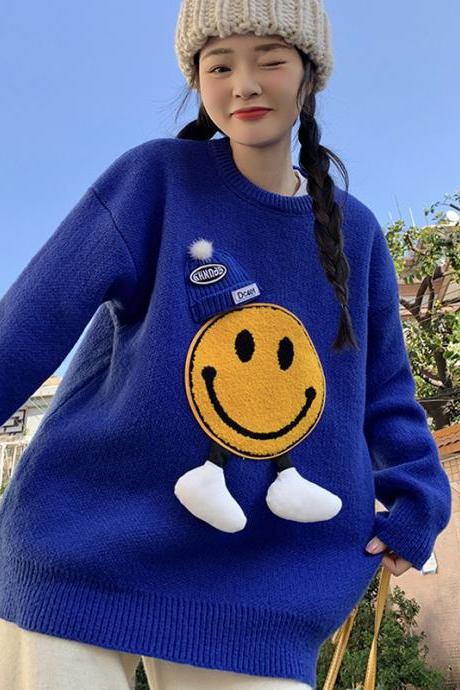 Korean Style Smiley Knitted Sweaters Women Autumn Round Neck Long Sleeve Harajuku Loose Knitwear Tops Casual Streetwear Pullover