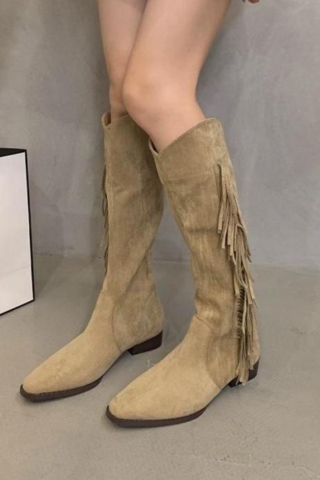 Retro Western Cowboy Women&amp;#039;s Boot Early Autumn Pointed Toe Tassel High Leg Boot Outdoor Classics Flat Slip-on Boot