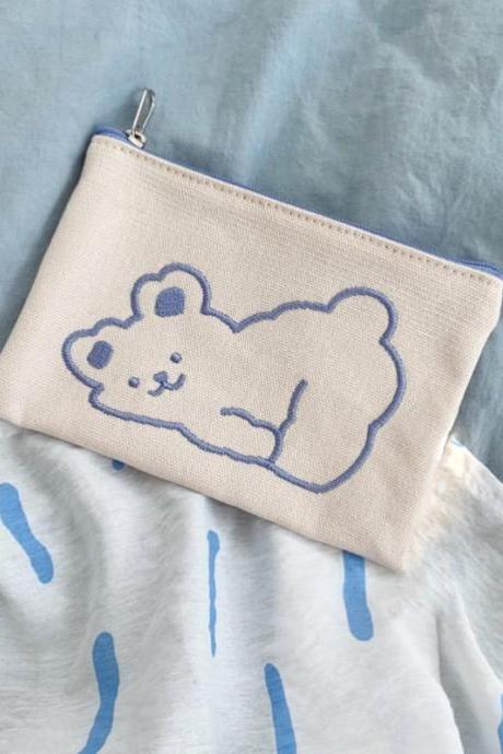 Korean Ins Cartoon Cute Embroidered Bear Pencil Bag Large Capacity Canvas Wallet School Supplies Student Stationery Storage Bag