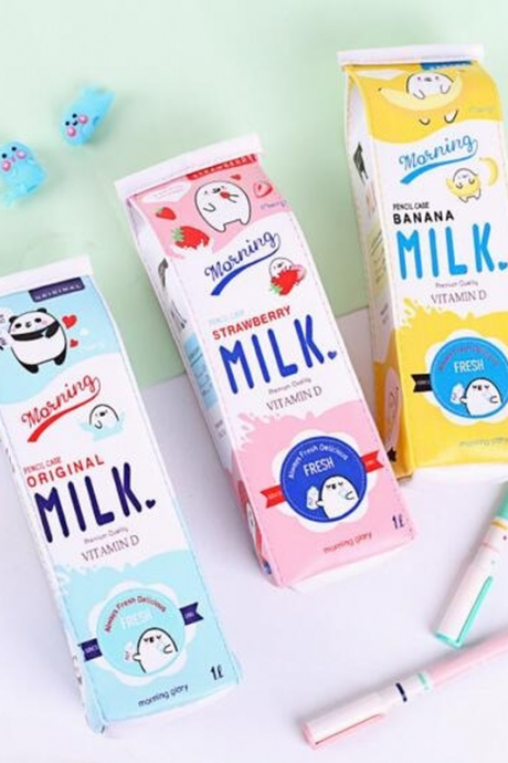 Cartoon Milk Pencil Case Kawaii Korean Stationery Creative Large-capacity Pencil Bags For Student Back To School