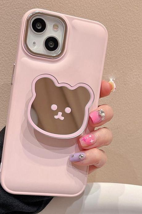 Korean Cute Mirror Bear Ring Holder Stand Pink Silicone Case For Iphone 14 13 12 11 Pro Max 12 Pro 13 7 8 Plus X Xr Xs Max Cover