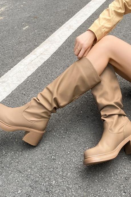 Solid Colour Thigh High Boots Women Thick Bottom Chunky Heel Shoes Autumn Round Head Pleated High Heels