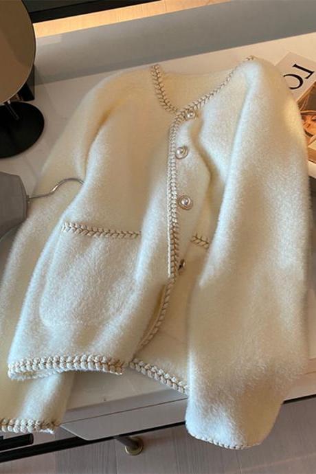 French Small Fragrance Pearl Button Sweater Cardigan Women&amp;#039;s Top Gentle Mink Fleece Knit Jacket
