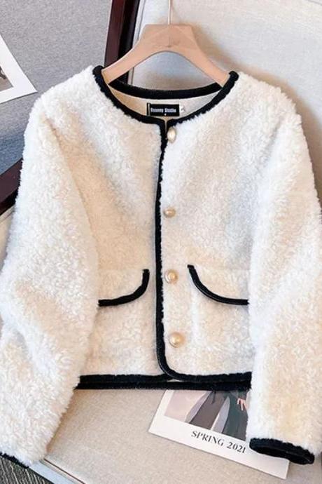 Autumn Winter Thicken Warm Jackets Women Korean Chic O-neck Lamb Wool Short Outerwear Single-breasted Plush Coats