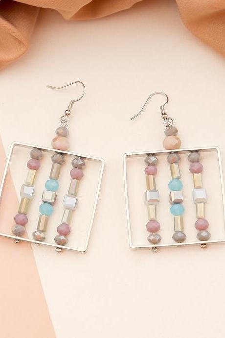 Korean Fashion Handmade Beaded Earrings For Women Retro Luxury Geometric Square Glass Color Matching Trend Products Girl Jewelry