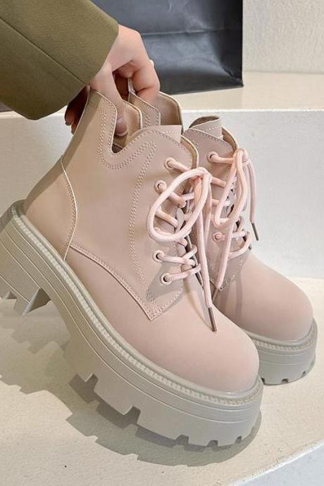 Women's Cute Pink Short Ankle Boots Autumn British Platform Rubber Chelsea Shoes Korean Fashion Chunky Heels Luxury