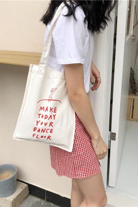 Women&amp;#039;s Korean Simple Handbag Red Letter Printing Art Reusable Shoulder Bags Summer Ladies Canvas Book Shopping Totes Bag