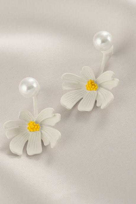 White Flower Women&amp;#039;s Dangle Earrings Imitation Pearl Top Blooming Floral Korean Fashion Female Party Ear Accessories
