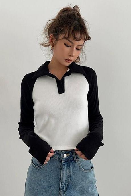 Polo Collar Casual Long-sleeved T-shirt Sexy Tight High-waisted Crop Top