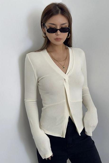 Simple Figure-flattering Jacket Sexy V-neck Long-sleeved Short Top