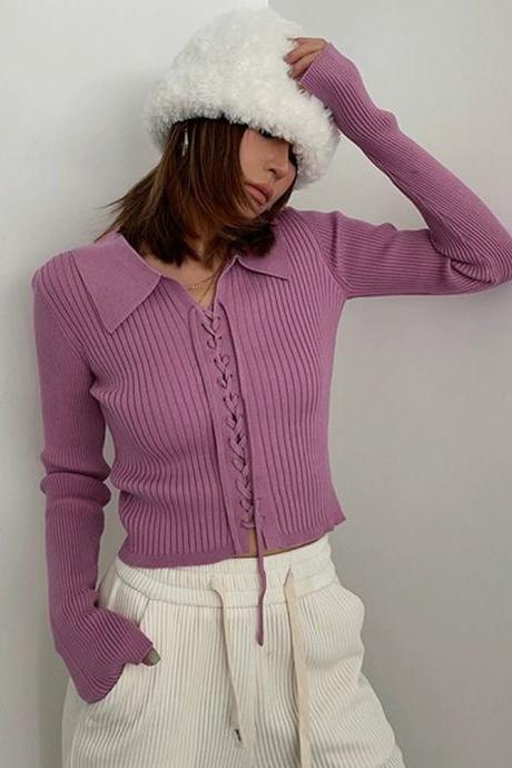 Women&amp;#039;s Slim-fitting Strappy Lapel Knitted Short Style Inner Long-sleeved Top