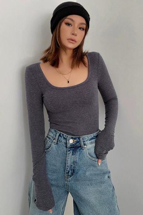 Low Round Neck Bottoming Shirt With Tight Knitted Long-sleeved T-shirt Top
