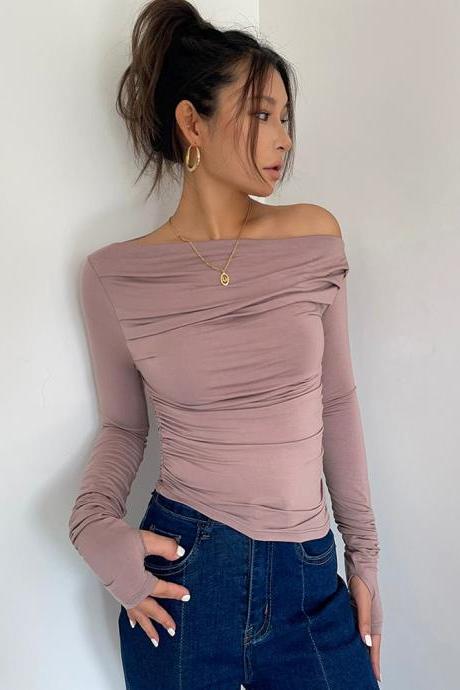 Sexy Clavicle-killing Asymmetrical Sloped Collar Long-sleeved T-shirt Top