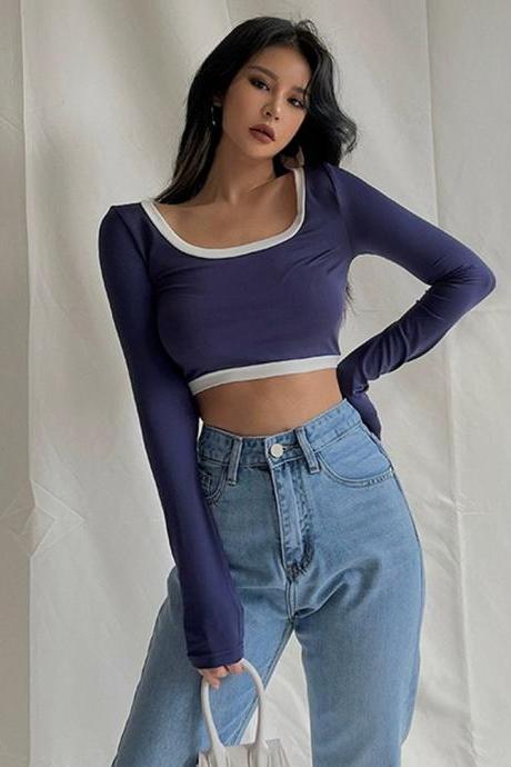 Retro High-waisted Large Round Neck Color-blocked Long-sleeved T-shirt Bottoming Shirt Sexy Clavicle-exposed Waisted Short Top