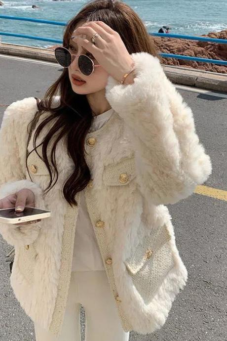 Korean Fashion Lamb Wool Coats Women Streetwear O-neck Faux Fur Jackets Woman Autumn Winter Thick Warm Plush Coat