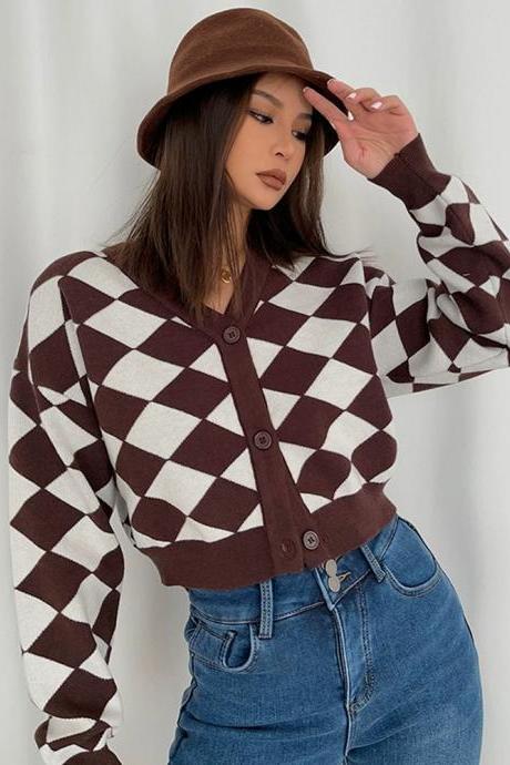 Retro Rhombus Short Cardigan Sweater Loose Outer Short Coat