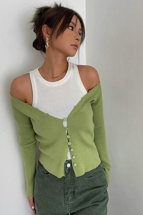 Camisole Top Long-sleeved Knitted Cardigan Jacket Fashionable Two-piece Set