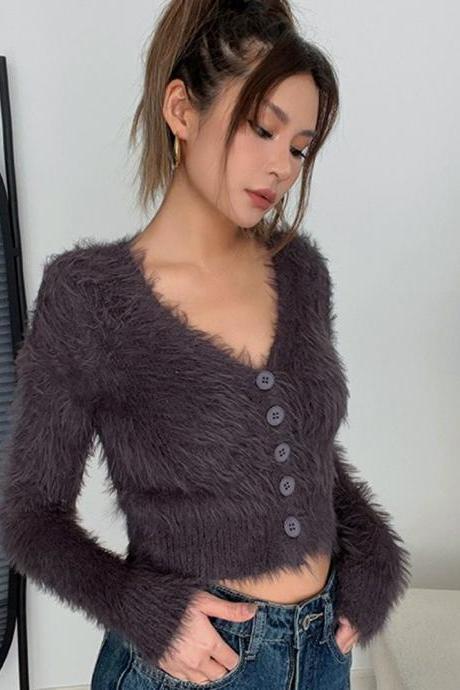 Soft And Lazy Mohair V-neck Sweater Coat, Mink Cardigan
