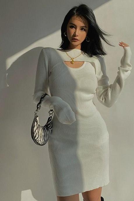 Sexy Long-sleeved Vest And Short Skirt Combination Suit Knitted Sweater Dress
