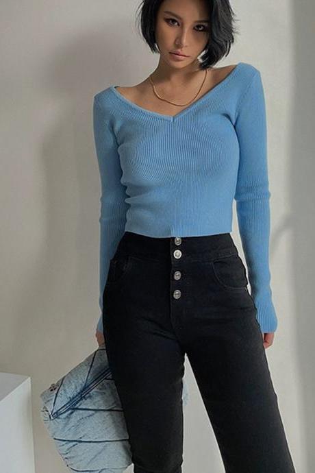 Sexy Front And Back V-neck Tight Long-sleeved Knitted Bottoming Shirt High-waisted Short Top For Women