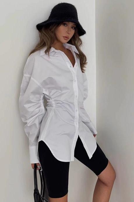 Waist Shirt Casual Mid-length Long-sleeved White Shirt Top
