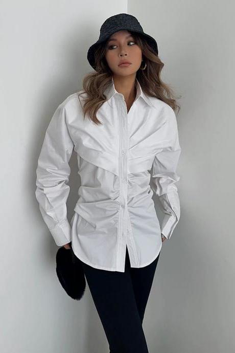 Waist Shirt Casual Mid-length Long-sleeved White Shirt Top